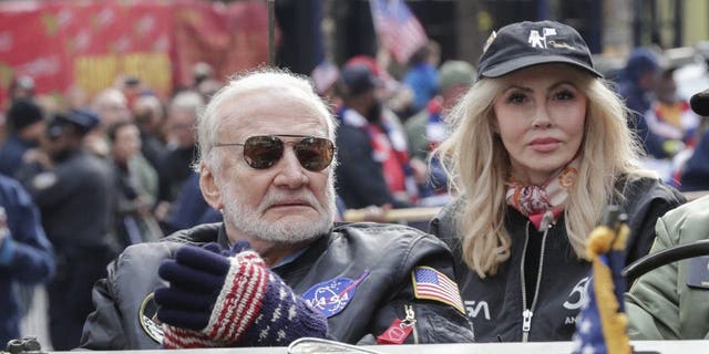 Buzz Aldrin, Apollo 11 astronaut, during a parade to celebrate Veterans' Day on Fifth Avenue in New York City, Nov. 11, 2019. 