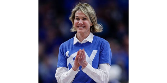 Kelly Kraft, former U.S. Ambassador to the United Nations, is featured during a timeout during a Kentucky Wildcats vs. Georgia Tech Yellow Jackets game at Rupp Arena on December 14, 2019 in Lexington, Kentucky.
