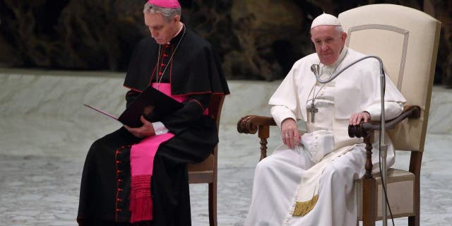 Pope Francis and the German archbishop Georg Gaenswein, prefect of the Papal Household, during the weekly general audience in the Paul VI Hall.