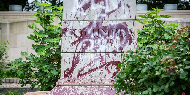 The pedestal where a statue of Christopher Columbus stood is pictured on June 11, 2020 in Richmond, Virginia. 