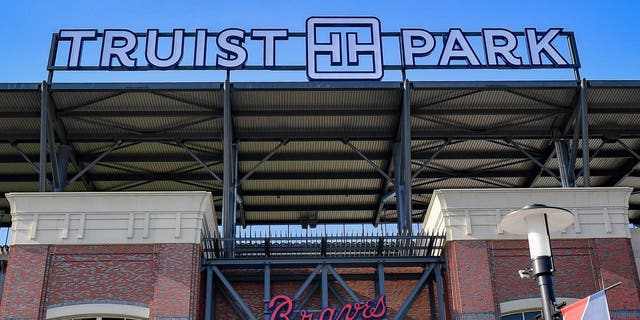 View from the outside of Truist Park during the National League Wild Card Series game between the Cincinnati Reds and the Atlanta Braves on October 1, 2020, at Truist Park in Atlanta, GA.