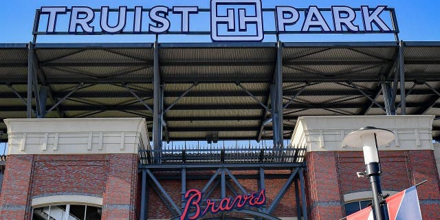 View from the outside of Truist Park during the National League Wild Card Series game between the Cincinnati Reds and the Atlanta Braves on October 1, 2020, at Truist Park in Atlanta, GA.