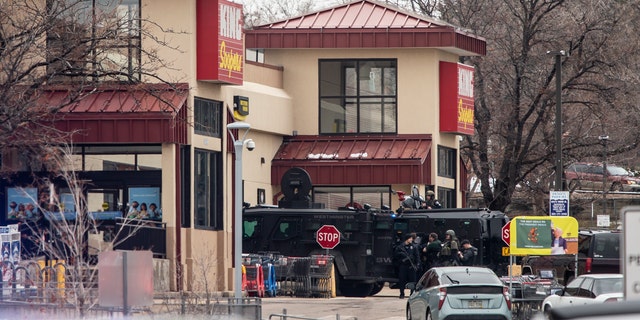BOULDER, CO - MARCH 22: Police used armored vehicles to smash windows and walls to gain access as a gunman opened fire at a King Soopers grocery store on March 22, 2021 in Boulder, Colorado. 