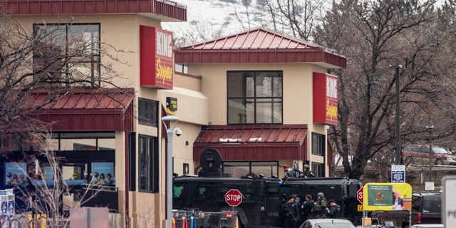 BOULDER, CO - MARCH 22: Police used armored vehicles to smash windows and walls to gain access as a gunman opened fire at a King Soopers grocery store on March 22, 2021 in Boulder, Colorado. 