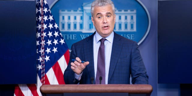 Jeff Zients, the then White House COVID-19 response czar, speaks during a press briefing at the White House where he spoke about a pause in issuing the Johnson & Johnson Janssen COVID-19 vaccine on April 13, 2021, in Washington, D.C.