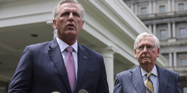 Kevin McCarthy, a Republican from California, who is now the House Speaker, with Senate Minority Leader Mitch McConnell, a Republican from Kentucky, at the White House in Washington, D.C., U.S., on Wednesday, May 12, 2021. 