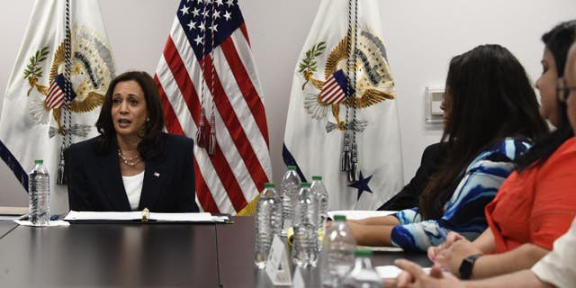 Kamala Harris speaks with advocates for immigrant services in El Paso, Texas, on June 25, 2021.