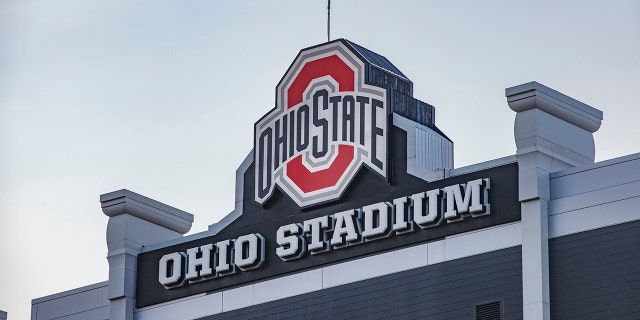 The Ohio State University logo at the top of the Ohio Stadium at sunset, during a summer day on The Ohio State University campus. 