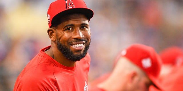 Los Angeles Angels outfielder Dexter Fowler in the dugout during a game against the Los Angeles Dodgers August 6, 2021 at Dodger Stadium in Los Angeles. 