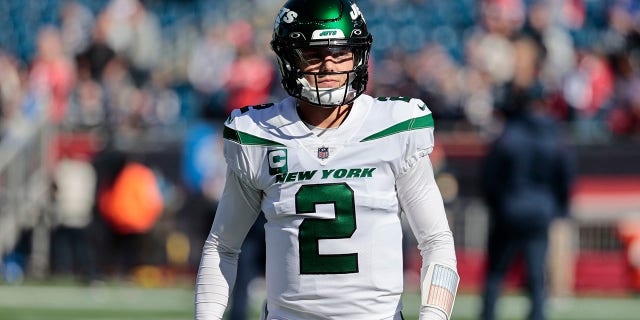 New York Jets quarterback Zach Wilson is pictured before a game against the New England Patriots on October 24, 2021 at Gillette Stadium in Foxborough, Massachusetts.