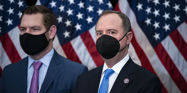 Representative Eric Swalwell, a Democrat from California, left, and Representative Adam Schiff, a Democrat from California, at the US Capitol in Washington, DC, US, on Wednesday, Feb. 23, 2022. 