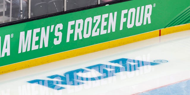 The NCAA logo on the ice behind a goal before the NCAA Frozen Four final between the Denver Pioneers and the Minnesota State Mavericks April 9, 2022, at TD Garden in Boston. 