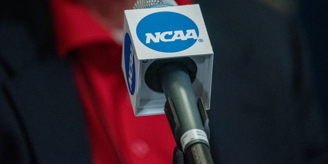The NCAA logo on a microphone during a press conference on May 30, 2022 at Rentschler Field at Pratt and Whitney Stadium in East Hartford, Connecticut.