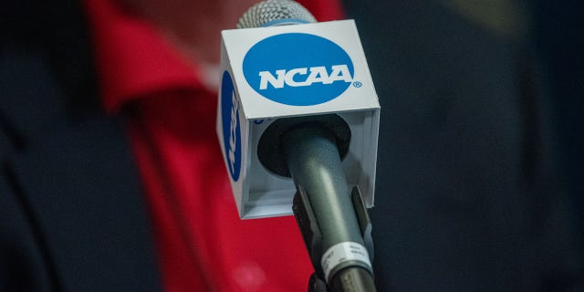 The NCAA logo on a microphone during a press conference on May 30, 2022 at Rentschler Field at Pratt and Whitney Stadium in East Hartford, Connecticut.