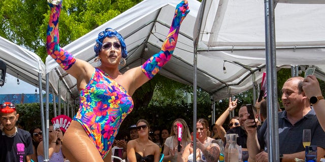 Host drag queen Athena Dion performs for guests during a Drag Brunch at R House Wynwood in Miami, Florida, on April 9, 2022. 