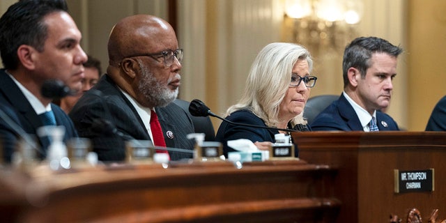 A partial view of the House committee investigating the Jan. 6, 2021 attack on the US Capitol.  From left to right: Reps.  Pete Aguilar, D-Calif., Chair Bennie Thompson, D-Miss., Liz Cheney, R-Wy., and Adam Kinzinger, R-Ill.