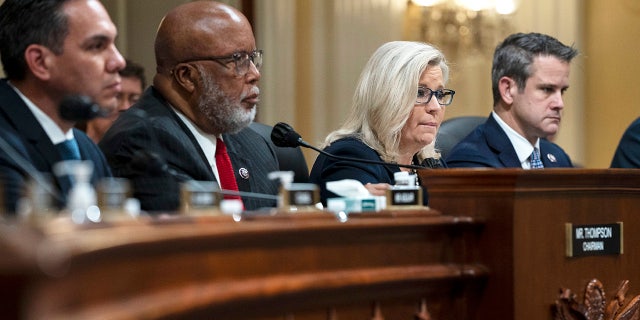 A partial view of the House committee investigating the Jan. 6, 2021 attack on the US Capitol.  From left to right: Reps.  Pete Aguilar, D-Calif., Chair Bennie Thompson, D-Miss., Liz Cheney, R-Wy., and Adam Kinzinger, R-Ill.