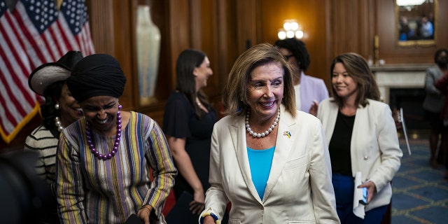 Nancy Pelosi, a Democrat from California, with Representative Ilhan Omar, Democrat from Minnesota, at the US Capitol in Washington, DC, US, on Wednesday, July 20, 2022. 