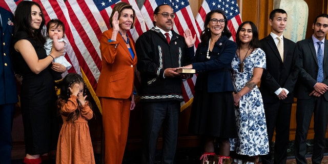 UNITED STATES - SEPTEMBER 13: Rep. Mary Peltola, D-Alaska, third from right, along with her family, participates in a swearing-in ceremony with Speaker of the House Nancy Pelosi, D-Calif., in the US Capitol on Tuesday , September 13, 2022. 