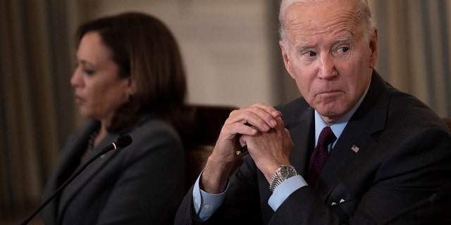 Vice President Kamala Harris and U.S. President Joe Biden in the State Dining Room of the White House October 4, 2022 in Washington, DC. 