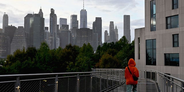 A person walks on a rainy afternoon near Brooklyn Bridge Park on October 5, 2022 in New York City. 