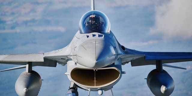 An F16 fighter jet takes part in a NATO air protection exercise near the air base in Lass, central Poland on October 12, 2022. 