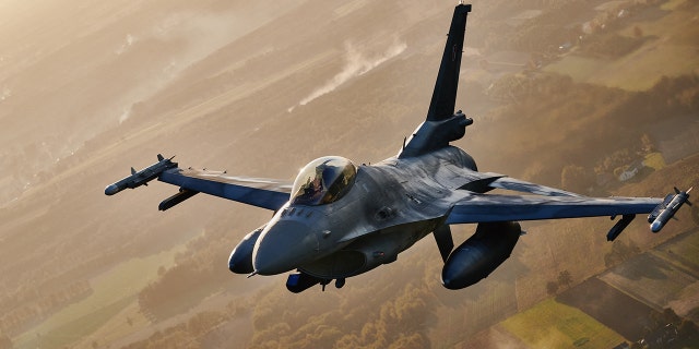 A F16 fighter jet takes part in the NATO Air Shielding exercise near the air base in Lask, central Poland on October 12, 2022. 