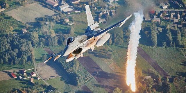 An F16 fighter jet takes part in a NATO air protection exercise near the air base in Lass, central Poland on October 12, 2022. 