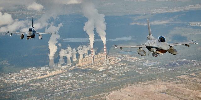 F16 fighter jets takes part in the NATO Air Shielding exercise near the air base in Lask, central Poland on October 12, 2022. 