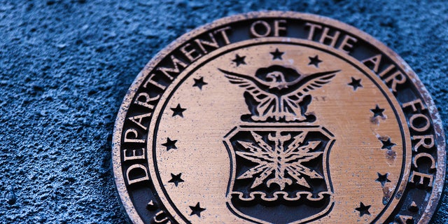 The Department of the Air Force emblem is seen on a monument in Streator, Illinois, on Oct. 15, 2022.