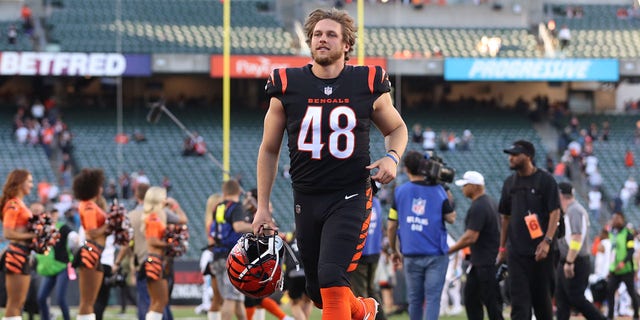 Cincinnati Bengals long snapper Cal Adomitis, #48, walks off the field after the game against the Carolina Panthers and the Cincinnati Bengals on November 6, 2022 at Paycor Stadium in Cincinnati.