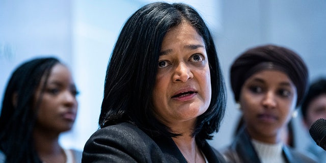  Congressional Progressive Caucus Chair Rep. Pramila Jayapal, D-Wash., speaks during a news conference with newly elected incoming members of the CPC at the AFL-CIO building in Washington, D.C., on Sunday, November 13, 2022. 