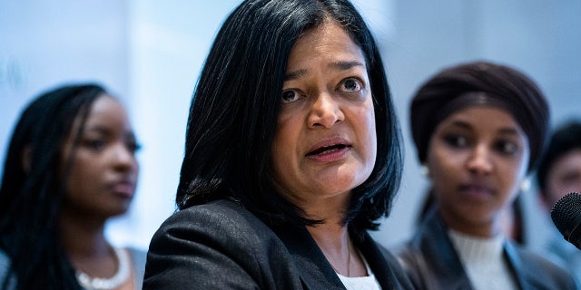  Congressional Progressive Caucus Chair Rep. Pramila Jayapal, D-Wash., speaks during a news conference with newly elected incoming members of the CPC at the AFL-CIO building in Washington, D.C., on Sunday, November 13, 2022. 