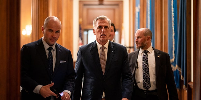 House Minority Leader Kevin McCarthy, R-Calif., walks to the House Floor on Capitol Hill on Monday, Nov. 14, 2022, in Washington, D,C. 