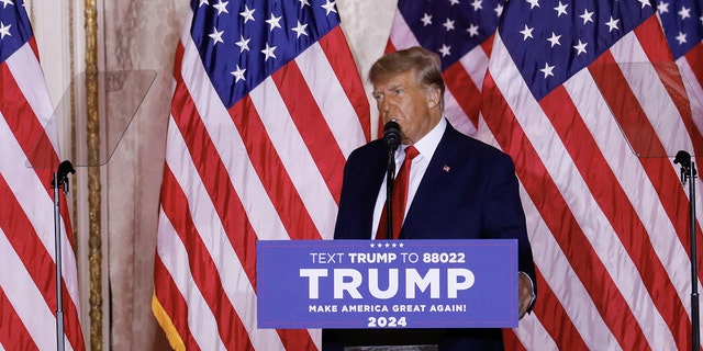 Former US President Donald Trump speaks at the Mar-a-Lago Club in Palm Beach, Florida, US, on Tuesday, Nov. 15, 2022. Trump formally entered the 2024 US presidential race, making official what he's been teasing for months just as many Republicans are preparing to move away from their longtime standard bearer. 