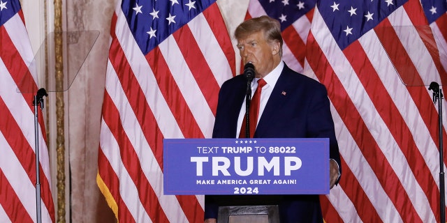 Former President Donald Trump speaks at the Mar-a-Lago Club in Palm Beach, Florida, Tuesday, Nov. 15, 2022. Trump formally entered the 2024 presidential race.