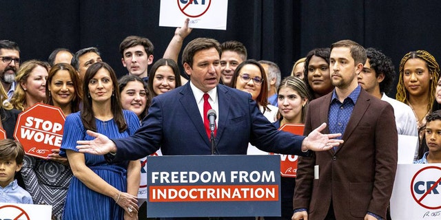 Florida Governor Ron DeSantis addresses the crowd before publicly signing HB 7, "single freedom," also dubbed the "stop woke" bill during a press conference at Mater Academy Charter Middle/High School in Hialeah Gardens, Florida, on Friday, April 22, 2022. 