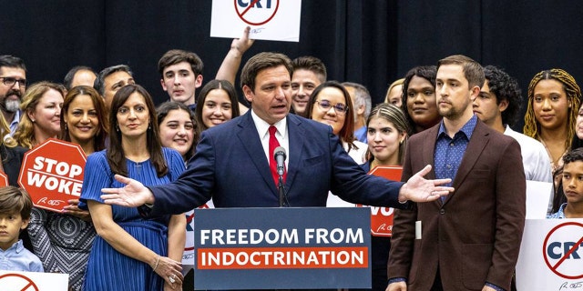 Florida Governor Ron DeSantis addresses the crowd before publicly signing HB 7, "single freedom," also dubbed the "stop woke" bill during a press conference at Mater Academy Charter Middle/High School in Hialeah Gardens, Florida, on Friday, April 22, 2022. 