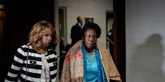 WASHINGTON, DC - NOVEMBER 30: (L-R) U.S. Rep. Lucy McBath (D-GA) and U.S. Rep. Sheila Jackson Lee (D-TX) depart a leadership election meeting with the Democratic caucus in the Longworth House Office Building on Capitol Hill November 30, 2022 in Washington, DC. 