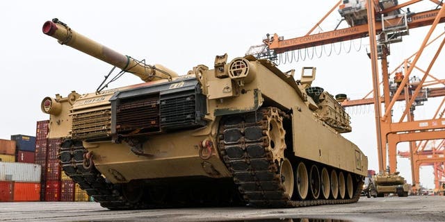 An M1A2 Abrams battle tank of the U.S. Army that will be used for military exercises by the 2nd Armored Brigade Combat Team, is pictured at the Baltic Container Terminal in Gdynia, Poland, on Dec. 3, 2022. 
