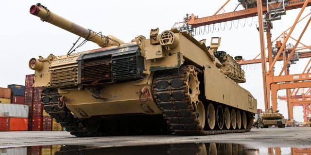 An M1A2 Abrams battle tank of the U.S. Army that will be used for military exercises by the 2nd Armored Brigade Combat Team, is pictured at the Baltic Container Terminal in Gdynia, Poland, on Dec. 3, 2022. 