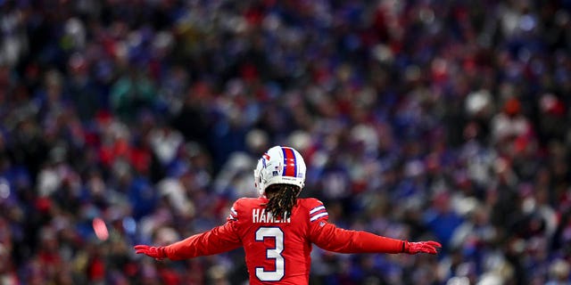 Damar Hamlin of the Buffalo Bills celebrates after a play during the second quarter of a game against the Miami Dolphins at Highmark Stadium Dec. 17, 2022, in Orchard Park, N.Y. 
