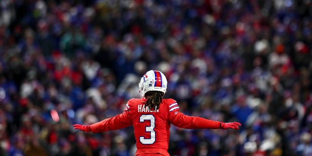 Damar Hamlin #3 of the Buffalo Bills celebrates after a play during the second quarter of an NFL football game against the Miami Dolphins at Highmark Stadium on December 17, 2022 in Orchard Park, New York. 