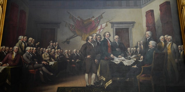 A painting depicting the signing of the Declaration of Independence is seen in the United States Capitol in Washington, DC