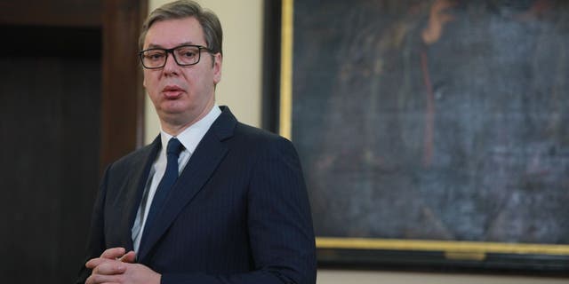 Serbian President Aleksandar Vucic, pictured here, and Serbian Patriarch Porfirije make statements to the press after their meeting in Belgrade, Serbia on Dec. 27, 2022.