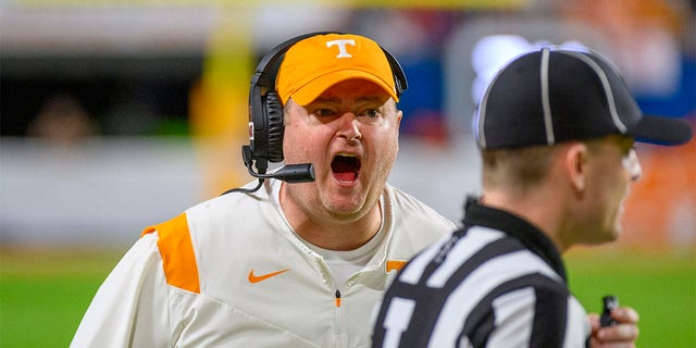 Tennessee head coach Josh Heupel yells at the line judge during the  Capital One Orange Bowl college football game between the Tennessee Volunteers and the Clemson Tigers on December 30, 2022 at the Hard Rock Stadium in Miami Gardens, FL. 