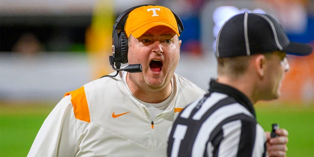 Tennessee head coach Josh Heupel yells at the line judge during the  Capital One Orange Bowl college football game between the Tennessee Volunteers and the Clemson Tigers on December 30, 2022 at the Hard Rock Stadium in Miami Gardens, FL. 