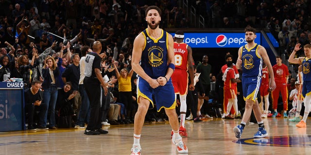 Klay Thompson of the Golden State Warriors celebrates during the game against the Hawks on January 2, 2023 in San Francisco, California.