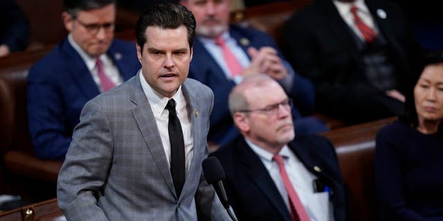 Rep.-elect Matt Gaetz (R-Fla.) speaks during the 12th ballot as the search for speaker continued for a fourth day during a meeting of the 118th Congress, Friday, January 6, 2023, at the U.S. Capitol in Washington DC.  
