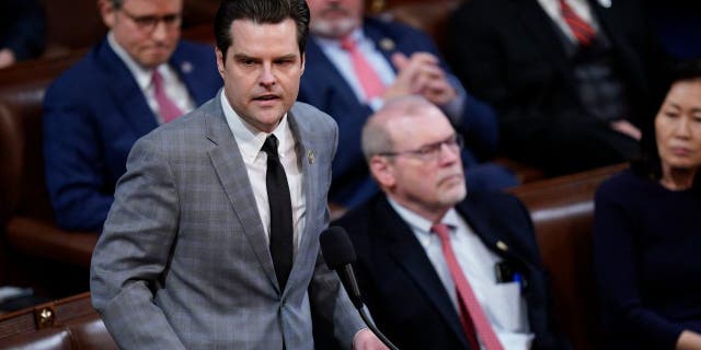 Rep.-elect Matt Gaetz (R-Fla.) speaks during the 12th ballot as the search for speaker continued for a fourth day during a meeting of the 118th Congress, Friday, January 6, 2023, at the U.S. Capitol in Washington DC.